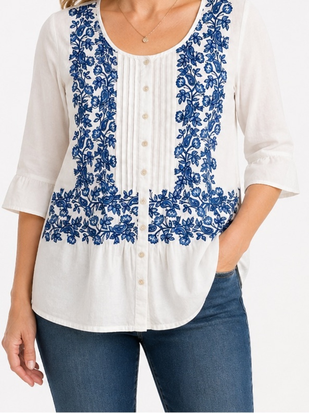 J Jill White Blue Embroidered Cotton Boho Blouse Size Small 3/4 sleeve